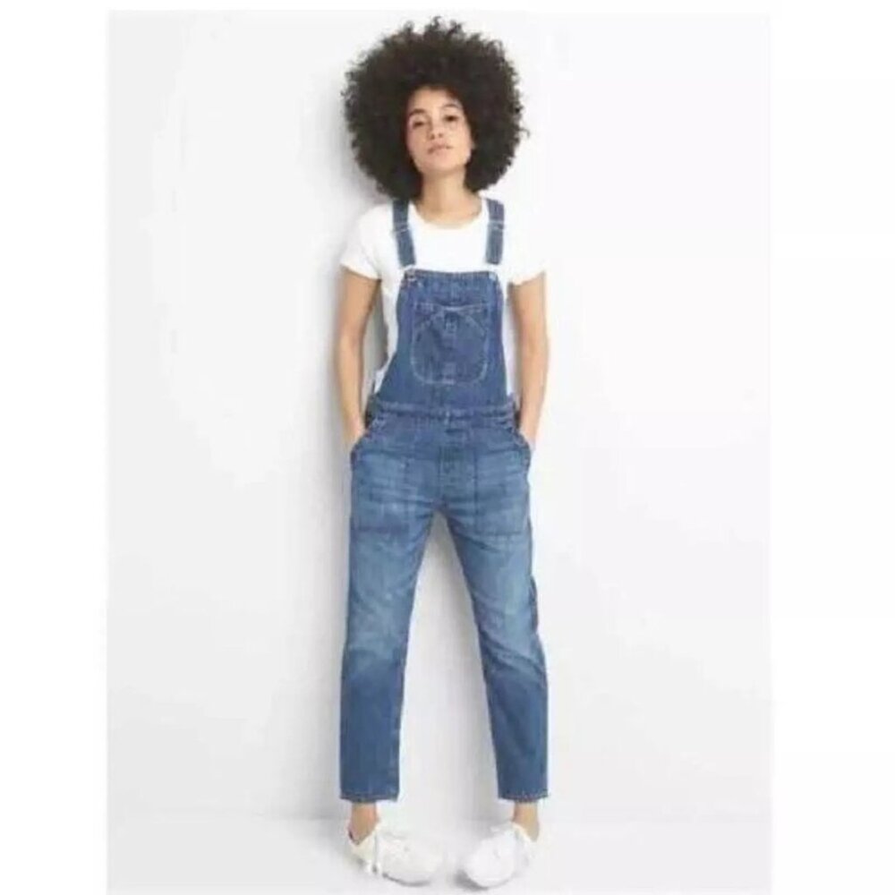 Gap Relaxed Slouchy Denim Overalls Cropped Medium Indigo Blue Size Small